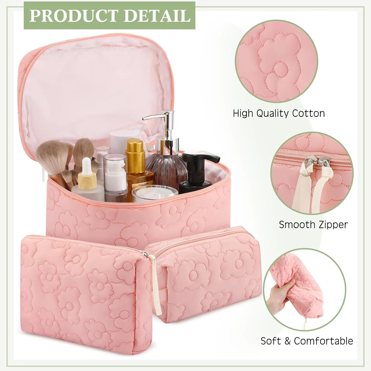 Paterr 3 Pieces Cotton Quilted Makeup Bag Set Coquette Cosmetic Bag Aesthetic Travel Toiletry pouch Cute Pouch Kawaii Aesthetic for Women(Pink,Pink Flower)