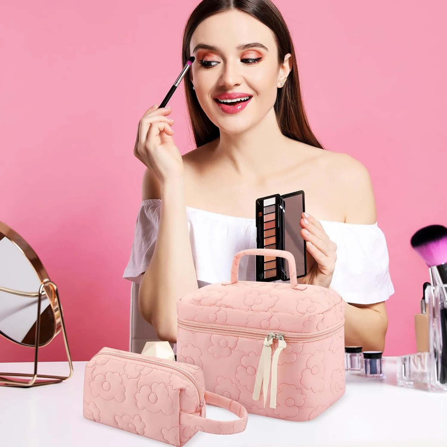 Paterr 3 Pieces Cotton Quilted Makeup Bag Set Coquette Cosmetic Bag Aesthetic Travel Toiletry pouch Cute Pouch Kawaii Aesthetic for Women(Pink,Pink Flower)
