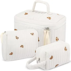 Paterr 3 Pieces Cotton Quilted Makeup Bag Set Coquette Cosmetic Bag Aesthetic Travel Toiletry pouch Cute Pouch Kawaii Aesthetic for Women(White,Little Bear)