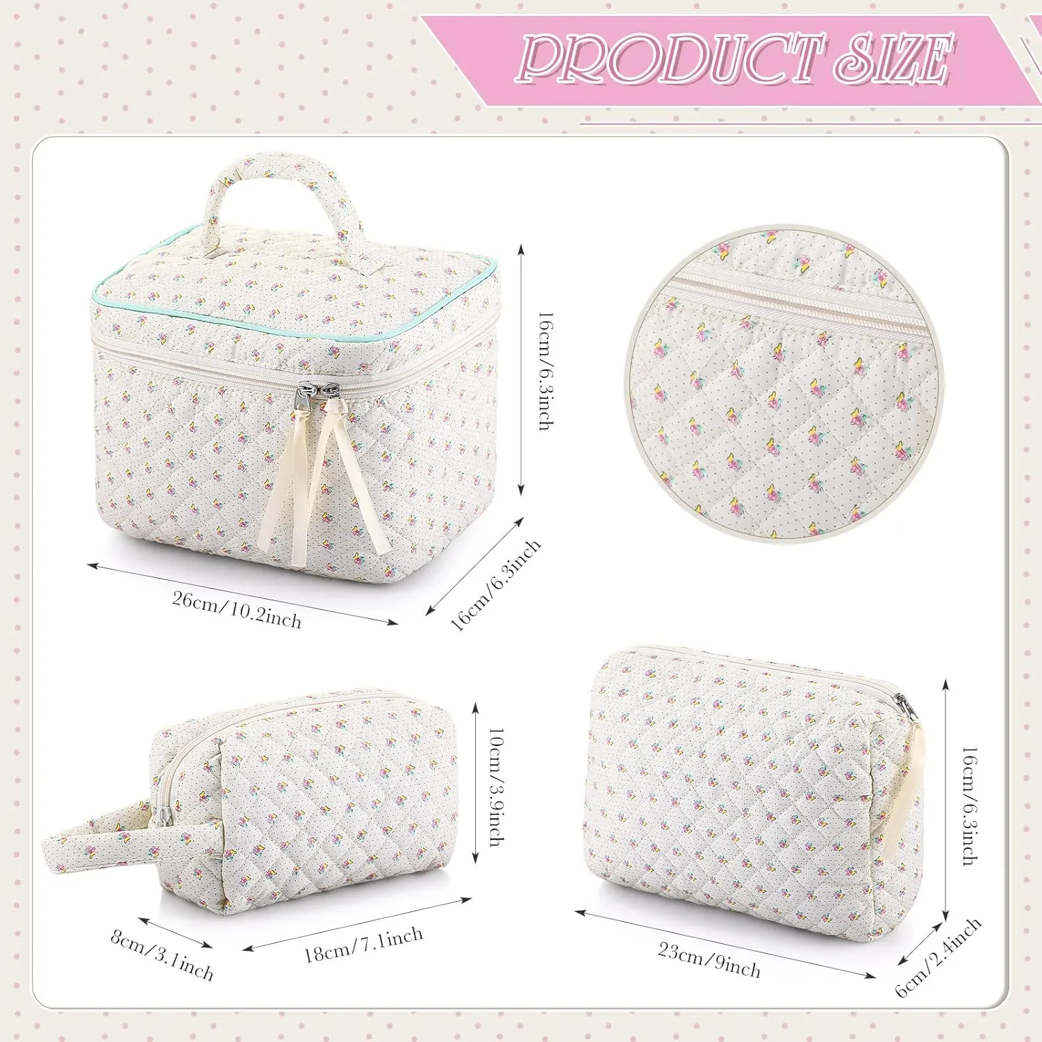 Paterr 3 Pieces Cotton Quilted Makeup Bag Set Coquette Cosmetic Bag Aesthetic Travel Toiletry pouch Cute Pouch Kawaii Aesthetic for Women(White,Little Flower)