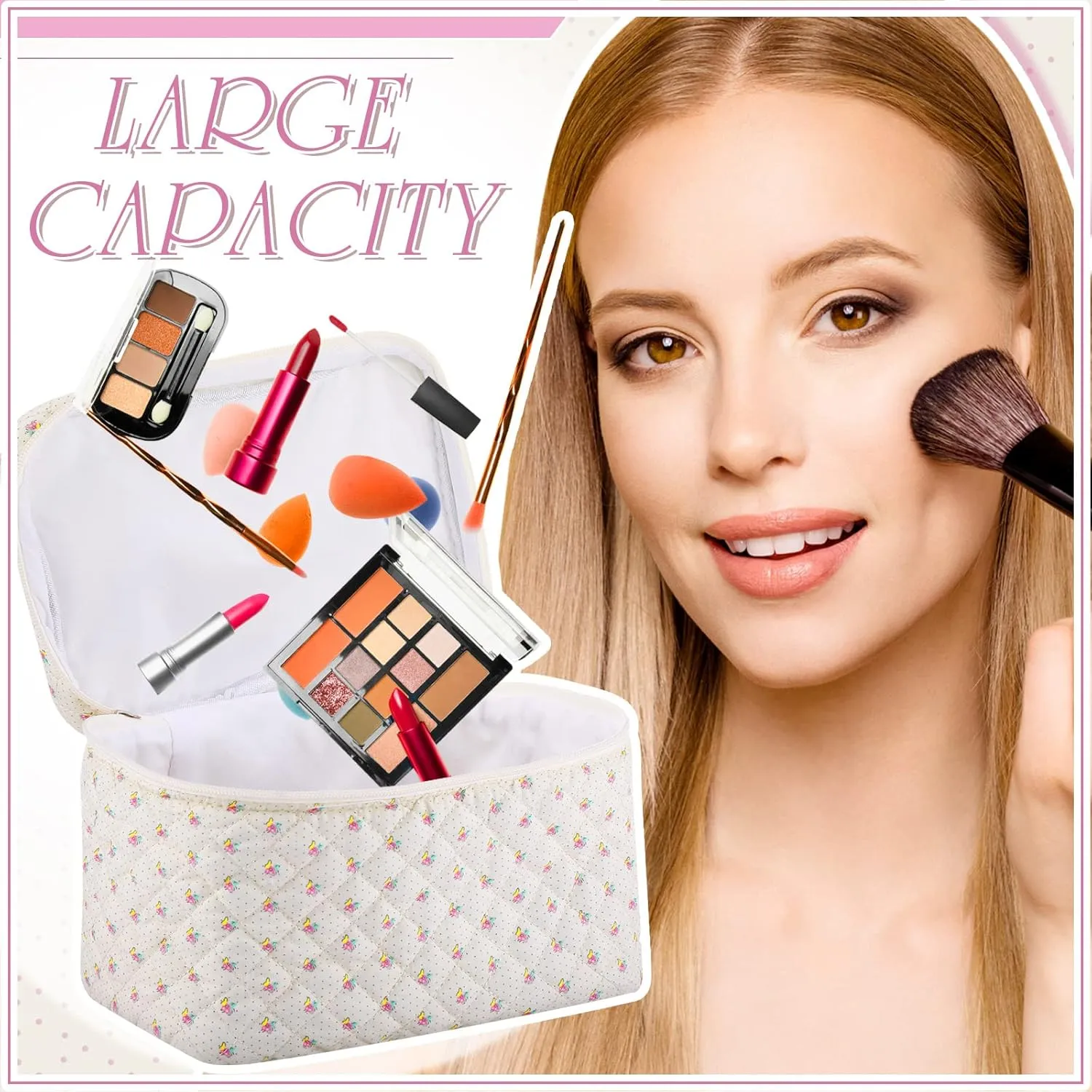 Paterr 3 Pieces Cotton Quilted Makeup Bag Set Coquette Cosmetic Bag Aesthetic Travel Toiletry pouch Cute Pouch Kawaii Aesthetic for Women(White,Little Flower)