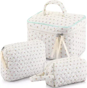 Paterr 3 Pieces Cotton Quilted Makeup Bag Set Coquette Cosmetic Bag Aesthetic Travel Toiletry pouch Cute Pouch Kawaii Aesthetic for Women(White,Little Flower)