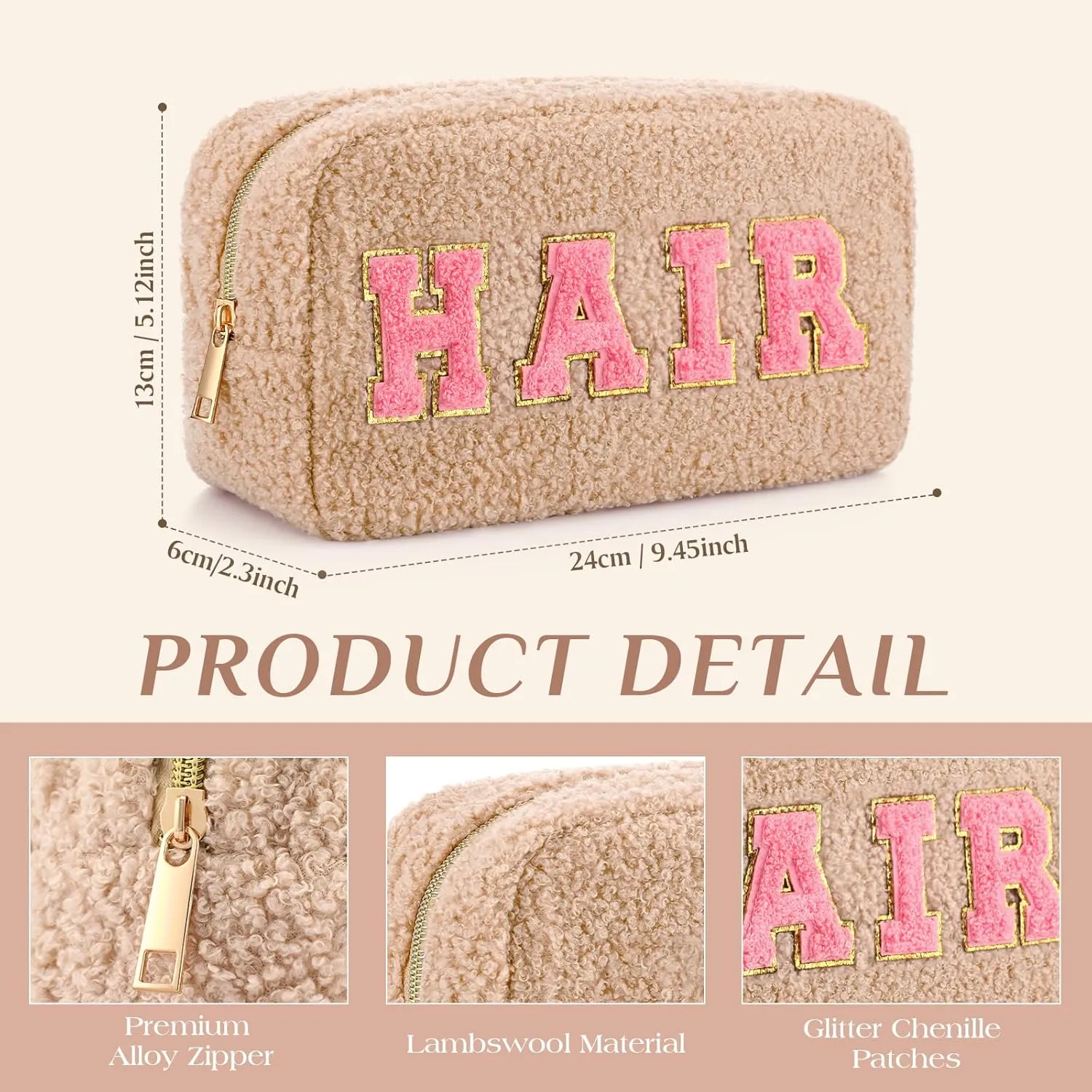 Paterr 4 Pcs Chenille Letter Preppy Patches Makeup Bag Plush Fuzzy Makeup Pouch Hair Skin Face Stuff Bag Large Cosmetic Purse Zipper Travel Toiletry Kit for Spring Gift(Pink Brown Colors)