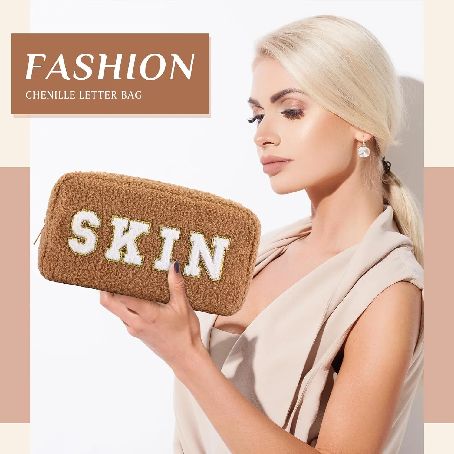 Paterr 4 Pcs Chenille Letter Preppy Patches Makeup Bag Plush Fuzzy Makeup Pouch Hair Skin Face Stuff Bag Large Cosmetic Purse Zipper Travel Toiletry Kit for Spring Gift(Pink Brown Colors)