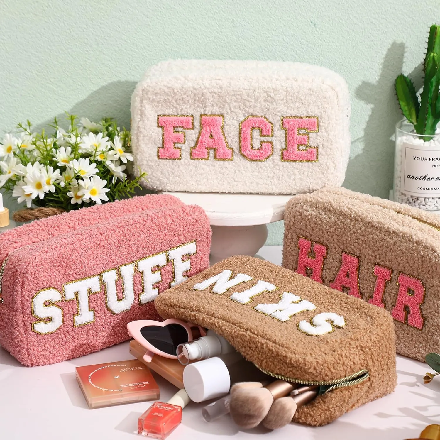 Paterr 4 Pcs Chenille Letter Preppy Patches Makeup Bag Plush Fuzzy Makeup Pouch Hair Skin Face Stuff Bag Large Cosmetic Purse Zipper Travel Toiletry Kit for Spring Gift(Pink Brown Colors)