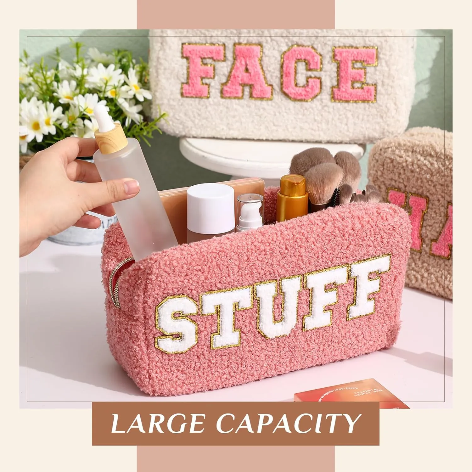 Paterr 4 Pcs Chenille Letter Preppy Patches Makeup Bag Plush Fuzzy Makeup Pouch Hair Skin Face Stuff Bag Large Cosmetic Purse Zipper Travel Toiletry Kit for Spring Gift(Pink Brown Colors)