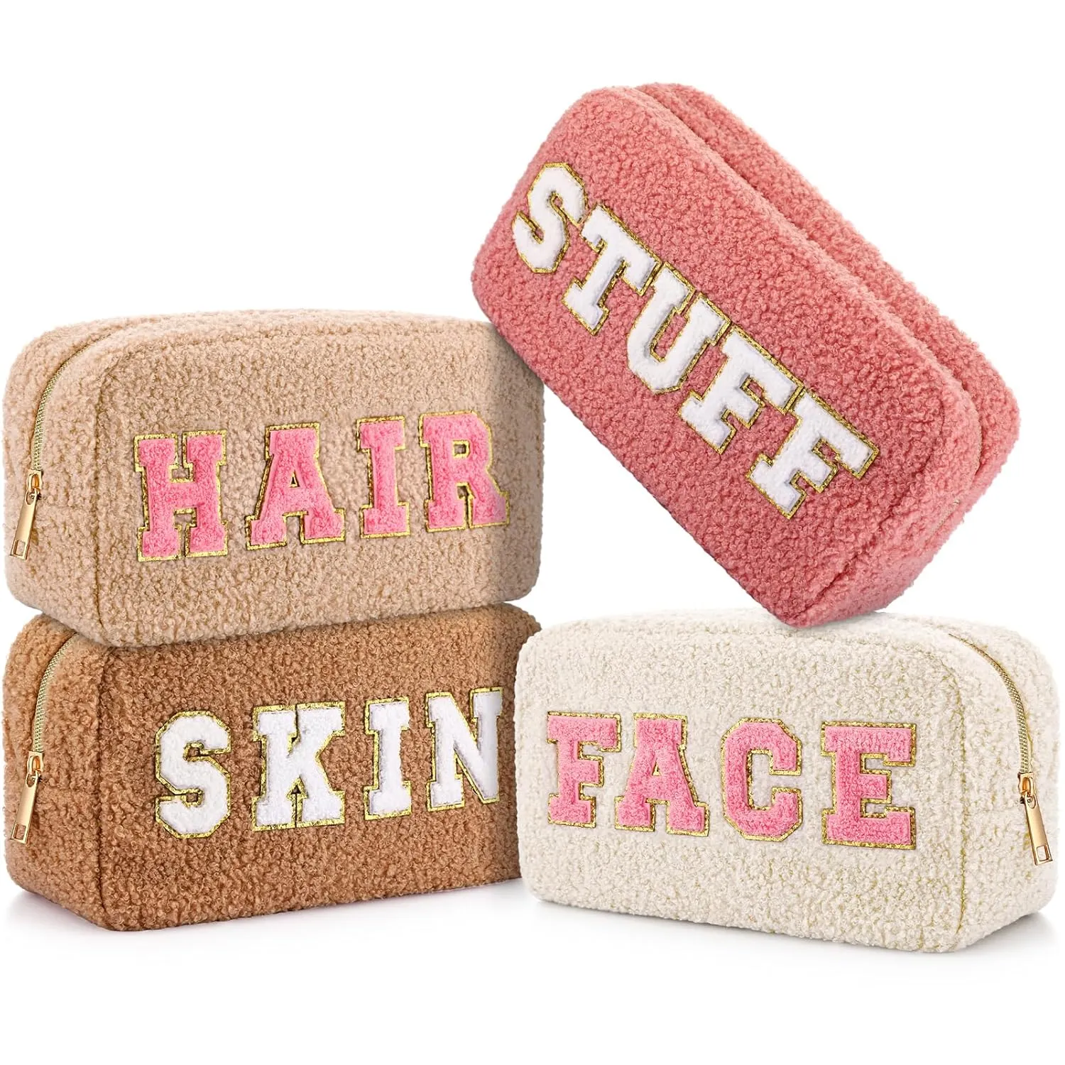 Paterr 4 Pcs Chenille Letter Preppy Patches Makeup Bag Plush Fuzzy Makeup Pouch Hair Skin Face Stuff Bag Large Cosmetic Purse Zipper Travel Toiletry Kit for Spring Gift(Pink Brown Colors)