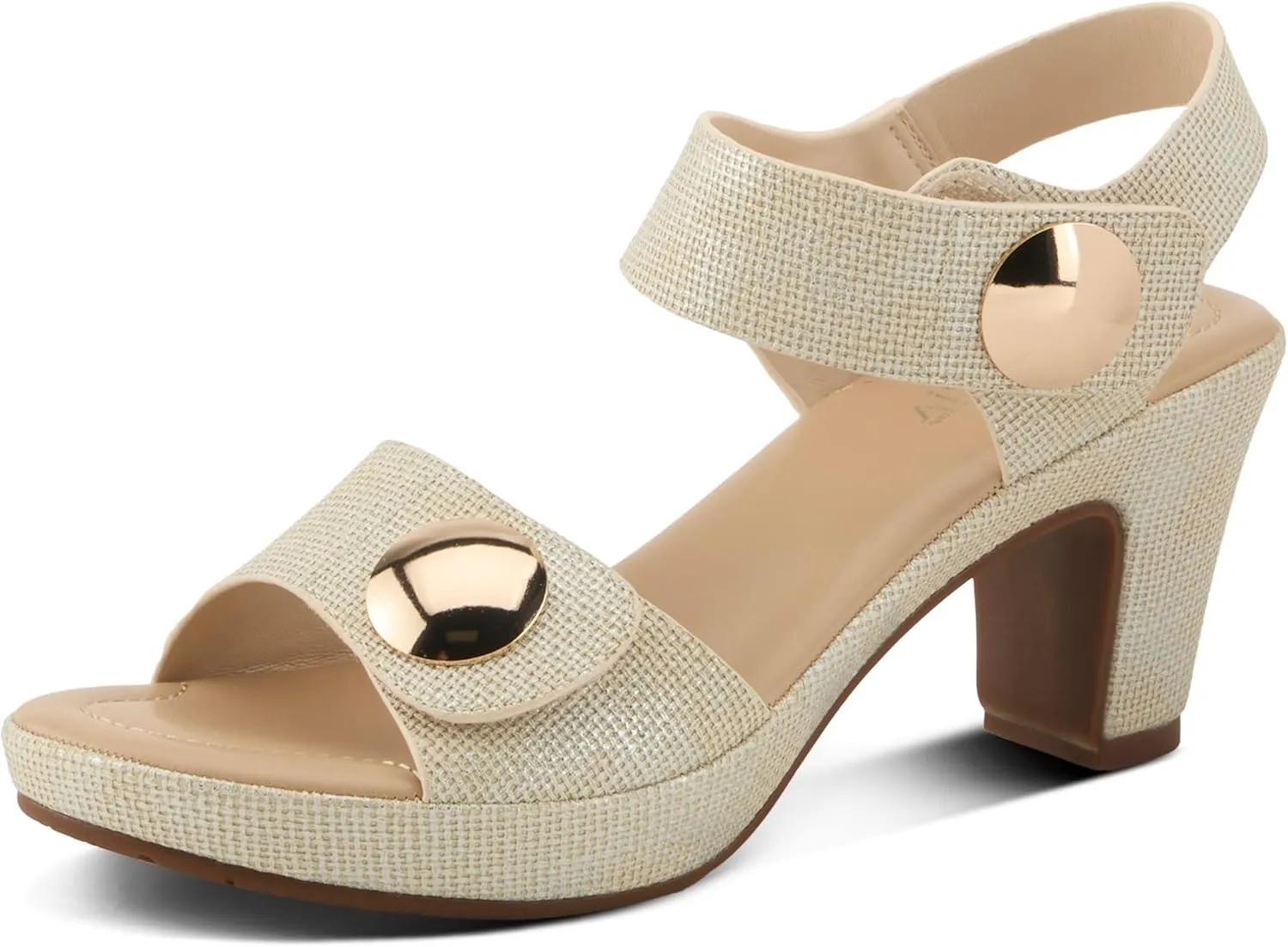 PATRIZIA Women's DADE-WOVEN Hook and Loop Sandals - Textured Faux Leather with Gold Button Accents, Adjustable Fit