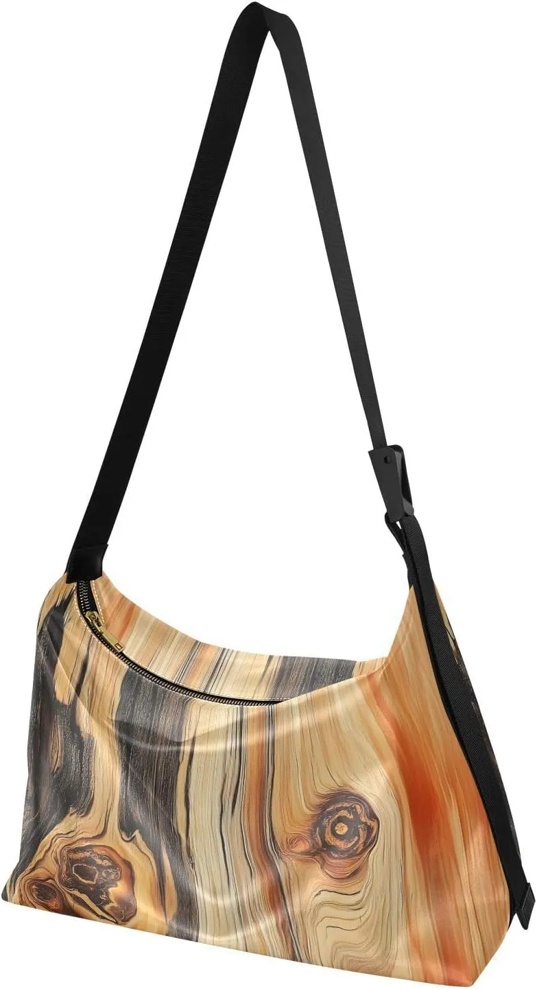 Pattern Wood Shoulder Bag Leather Large Capacity Crossbody Bags Purse Zipper Closure