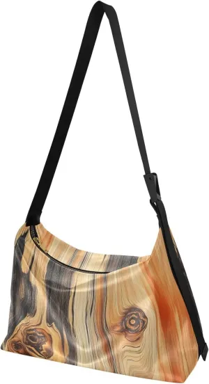 Pattern Wood Shoulder Bag Leather Large Capacity Crossbody Bags Purse Zipper Closure