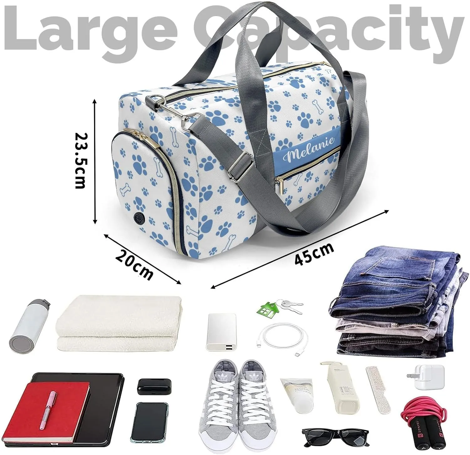 Paws Bones Stars Blue Personalized Duffel Bag with Name Custom Overnight Bag Multi-Function Travel Bag Sports Gym Bag for Travel Weekend Duffel Bag