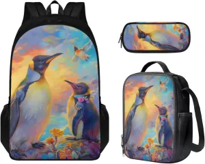 Penguins Print 3 Piece School Bag Set for Girls 15 inch Large Capacity Backpack and Lunch Box Set Water-Resistant Leakproof Lunch Bag for Outdoor Work University
