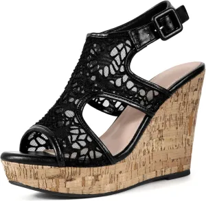 Perphy Lace Ankle Strap Platform Wedges Heel Sandals for Women