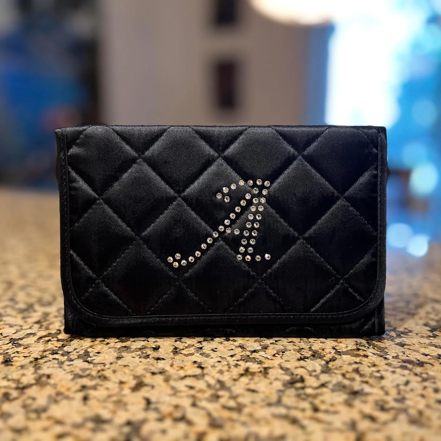 Personalized & Monogrammed Letter A in Rhinestone Crystals Travel Portable Purse Size Makeup Case Cosmetic Bag with Mirror, Quilted Satin Black