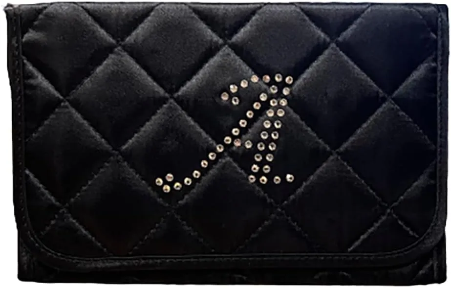 Personalized & Monogrammed Letter A in Rhinestone Crystals Travel Portable Purse Size Makeup Case Cosmetic Bag with Mirror, Quilted Satin Black