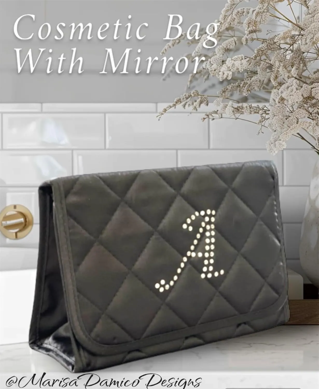 Personalized & Monogrammed Letter A in Rhinestone Crystals Travel Portable Purse Size Makeup Case Cosmetic Bag with Mirror, Quilted Satin Black