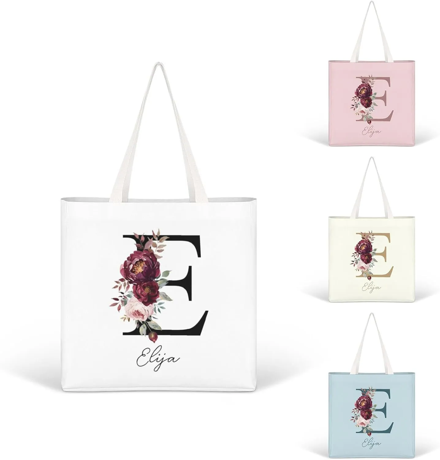 Personalized Canvas Tote Bag with Capital Initial Vintage Flowers, Custom Name Gifts for Women Birthday Mother's Day