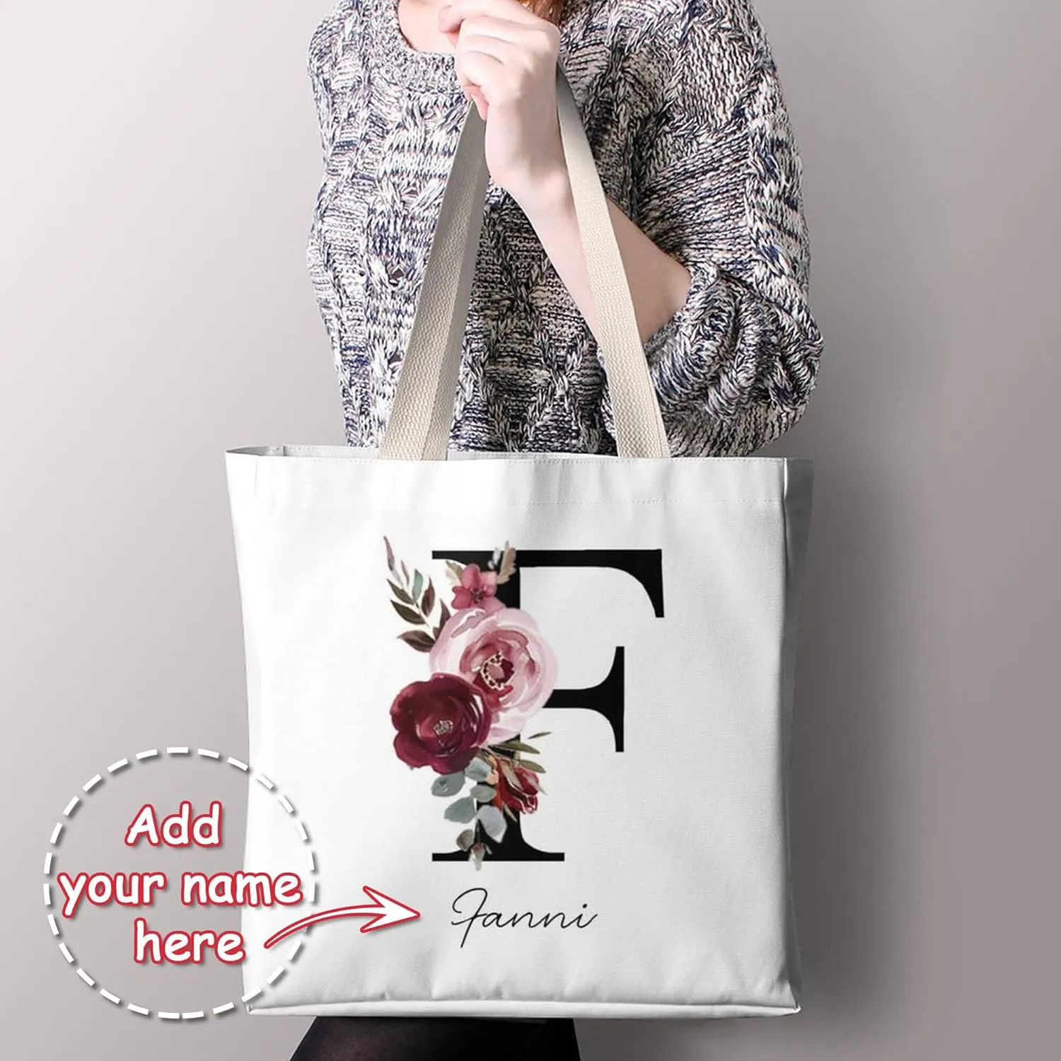Personalized Canvas Tote Bag with Capital Initial Vintage Flowers, Custom Name Gifts for Women Birthday Mother's Day