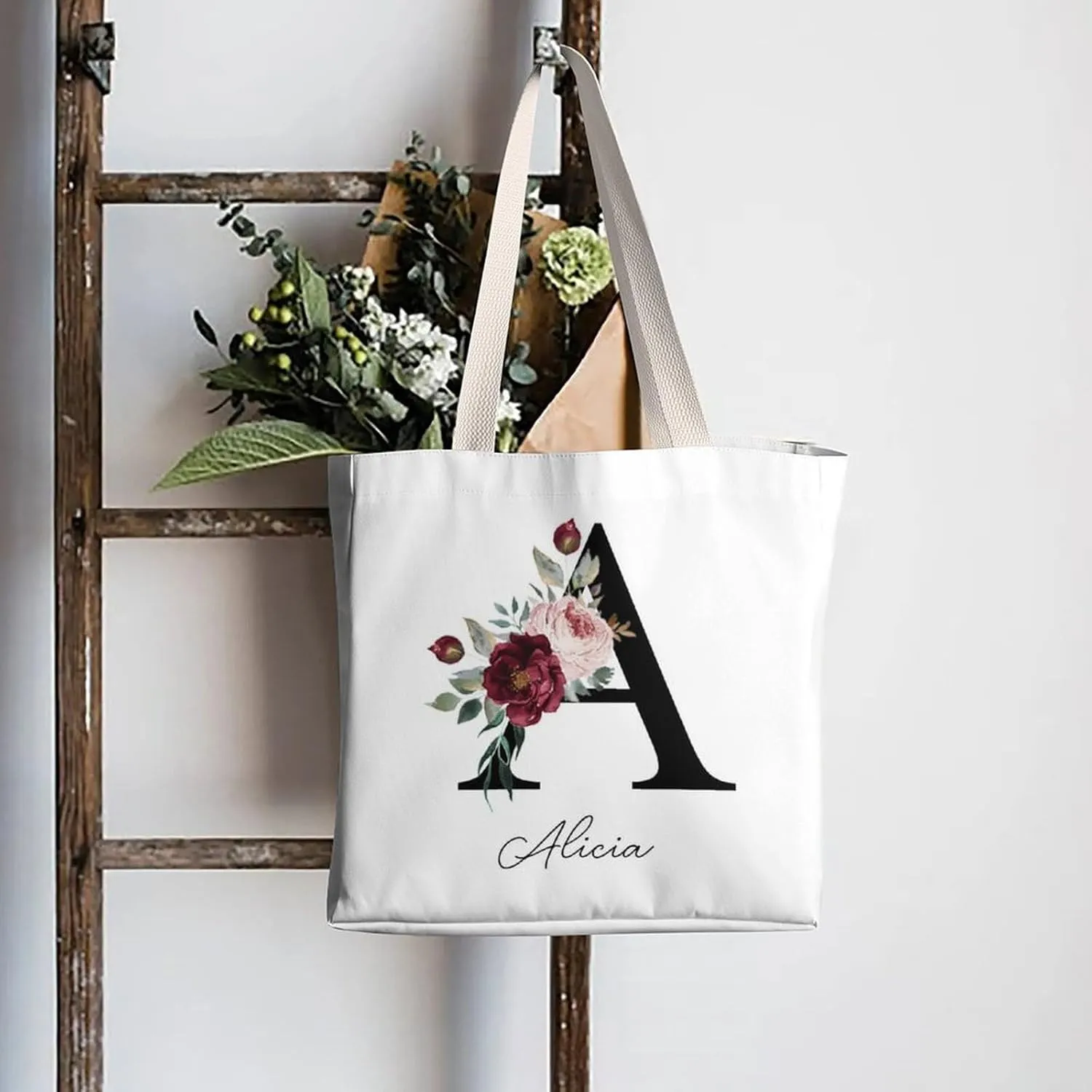 Personalized Canvas Tote Bag with Capital Initial Vintage Flowers, Custom Name Gifts for Women Birthday Mother's Day
