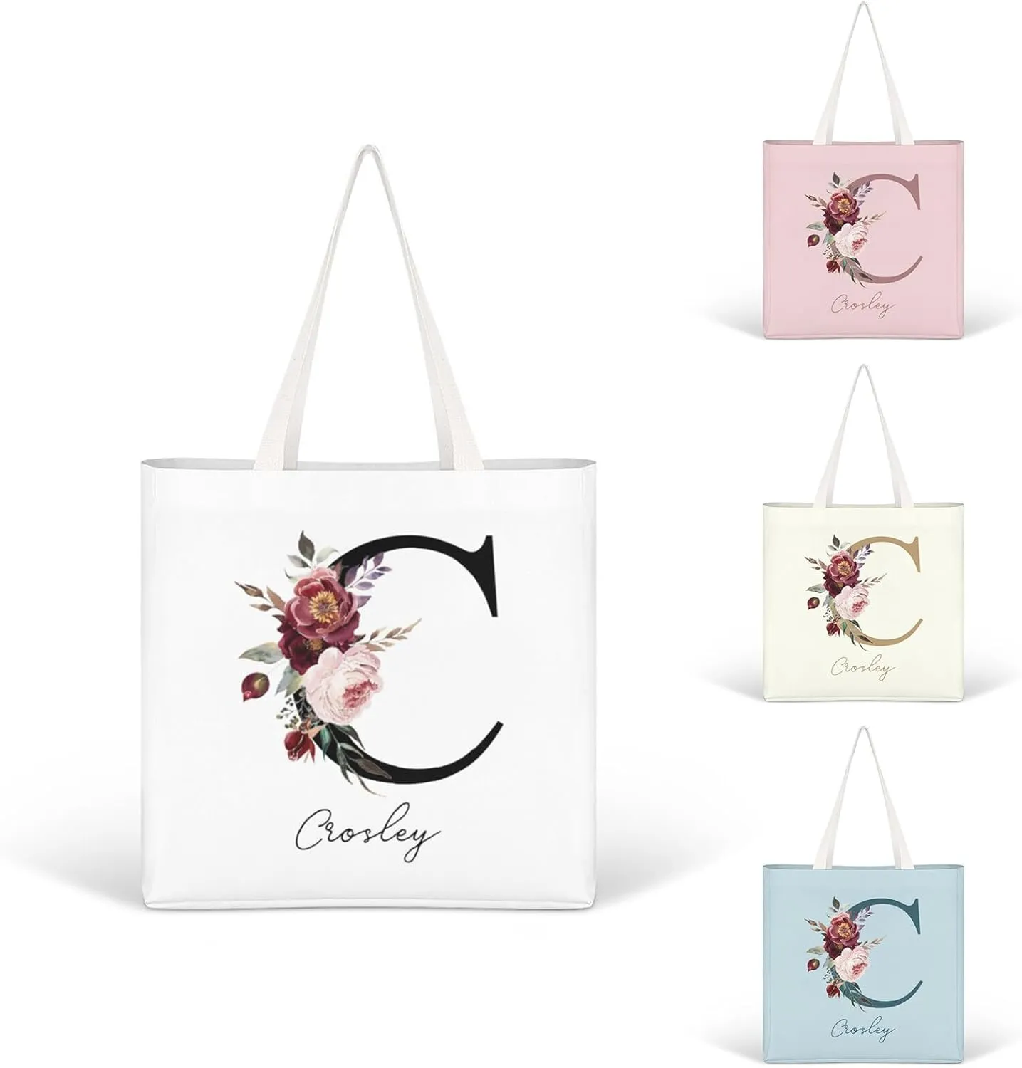 Personalized Canvas Tote Bag with Capital Initial Vintage Flowers, Custom Name Gifts for Women Birthday Mother's Day