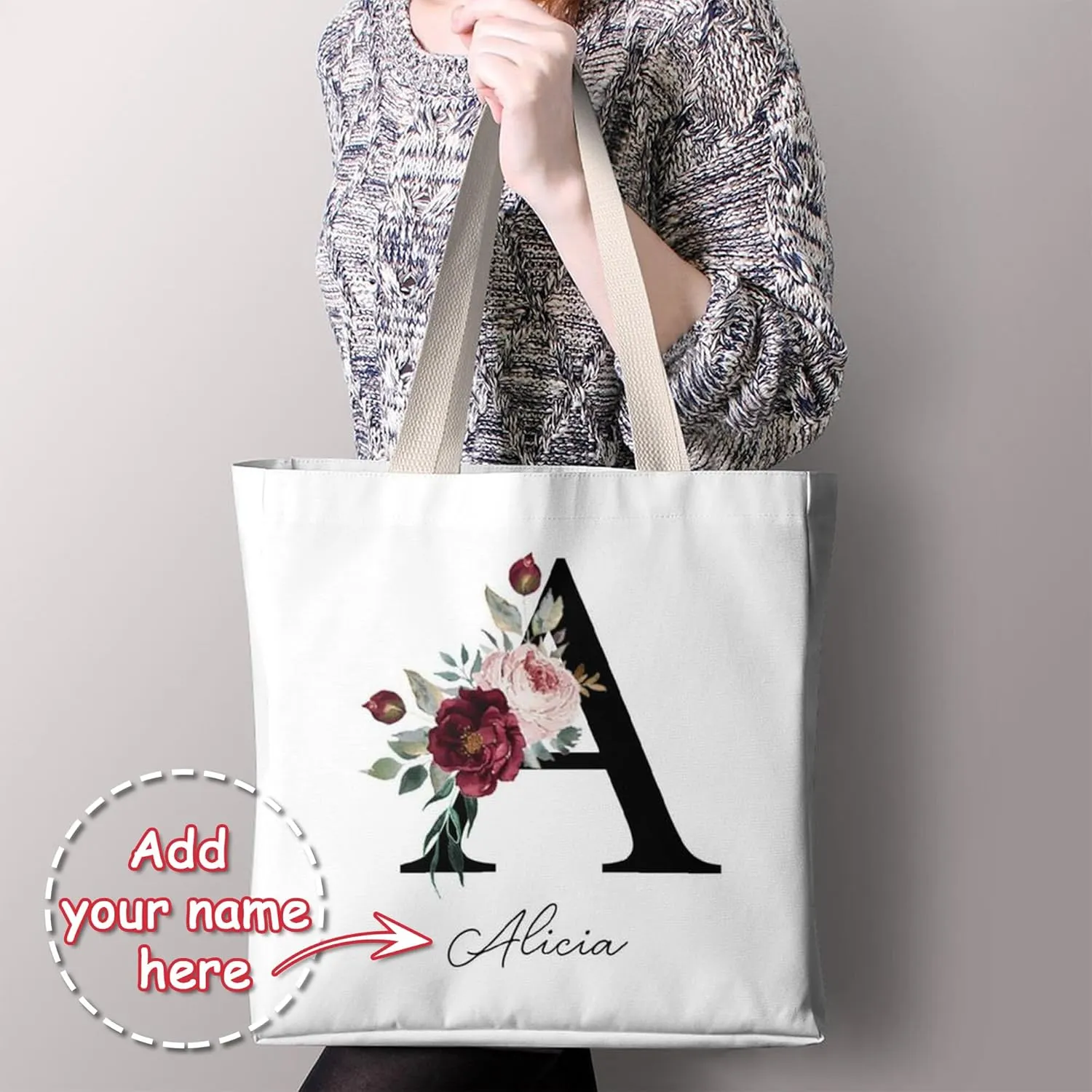 Personalized Canvas Tote Bag with Capital Initial Vintage Flowers, Custom Name Gifts for Women Birthday Mother's Day