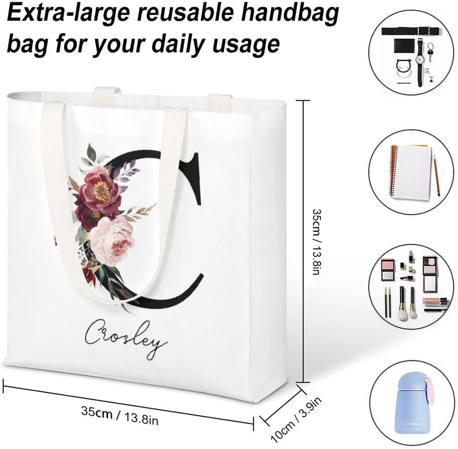 Personalized Canvas Tote Bag with Capital Initial Vintage Flowers, Custom Name Gifts for Women Birthday Mother's Day
