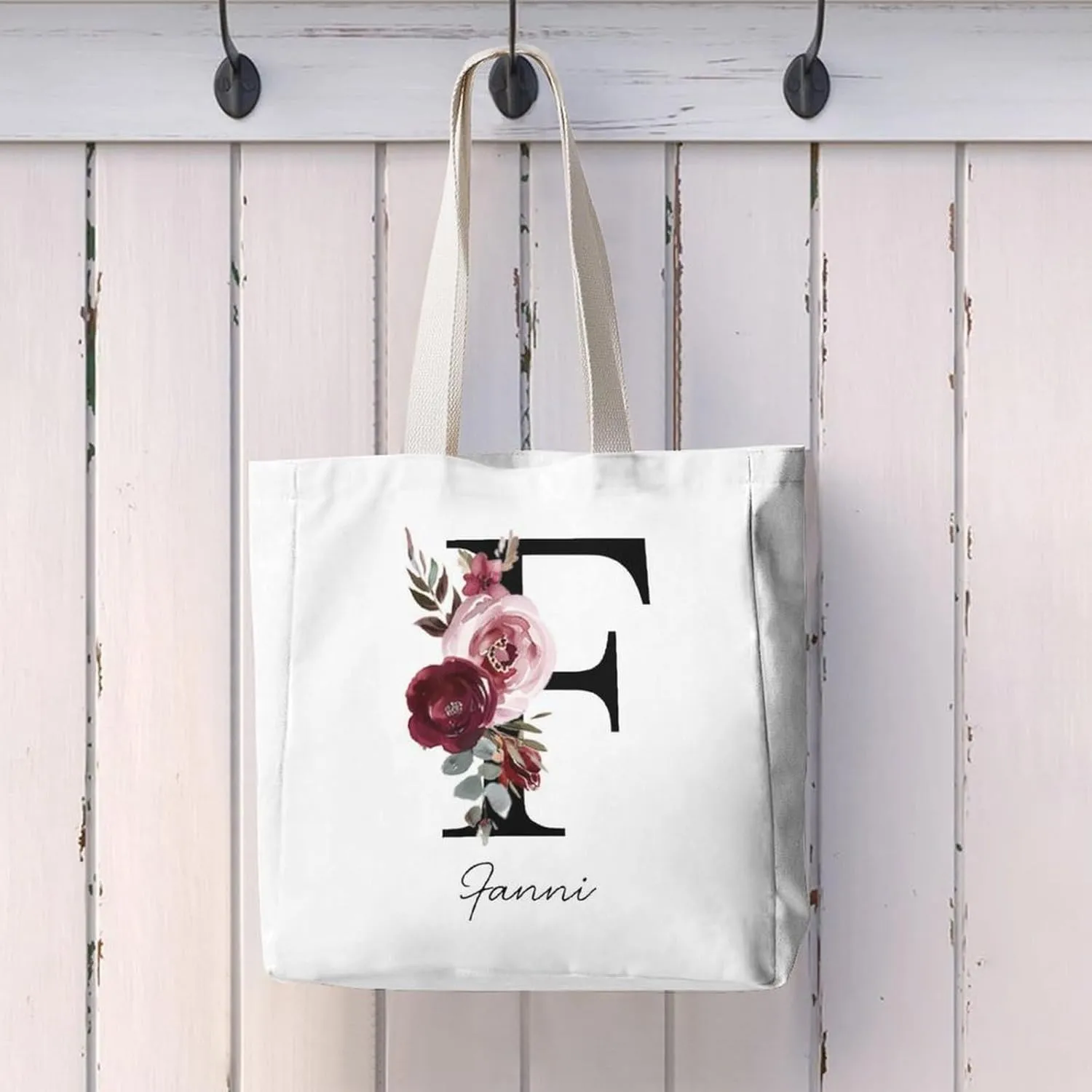 Personalized Canvas Tote Bag with Capital Initial Vintage Flowers, Custom Name Gifts for Women Birthday Mother's Day