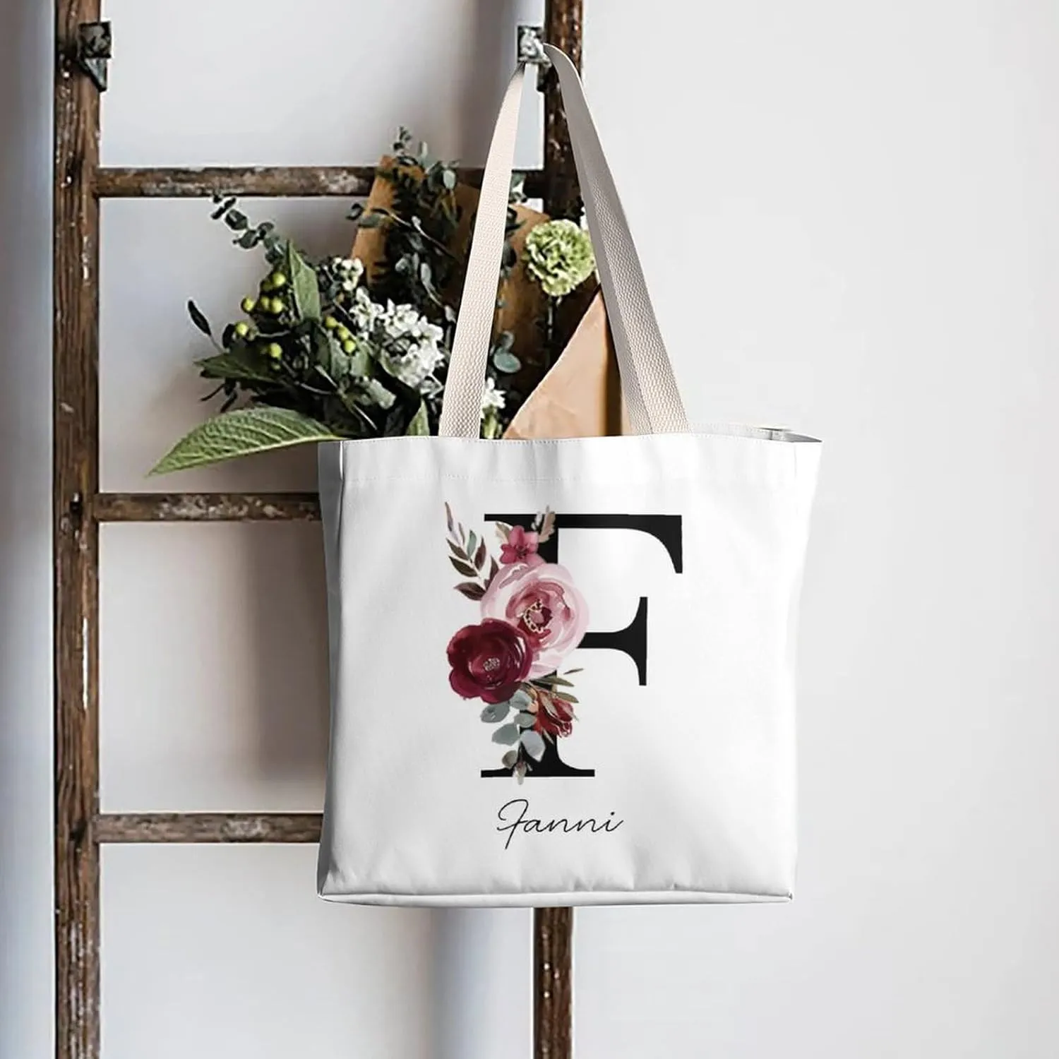 Personalized Canvas Tote Bag with Capital Initial Vintage Flowers, Custom Name Gifts for Women Birthday Mother's Day