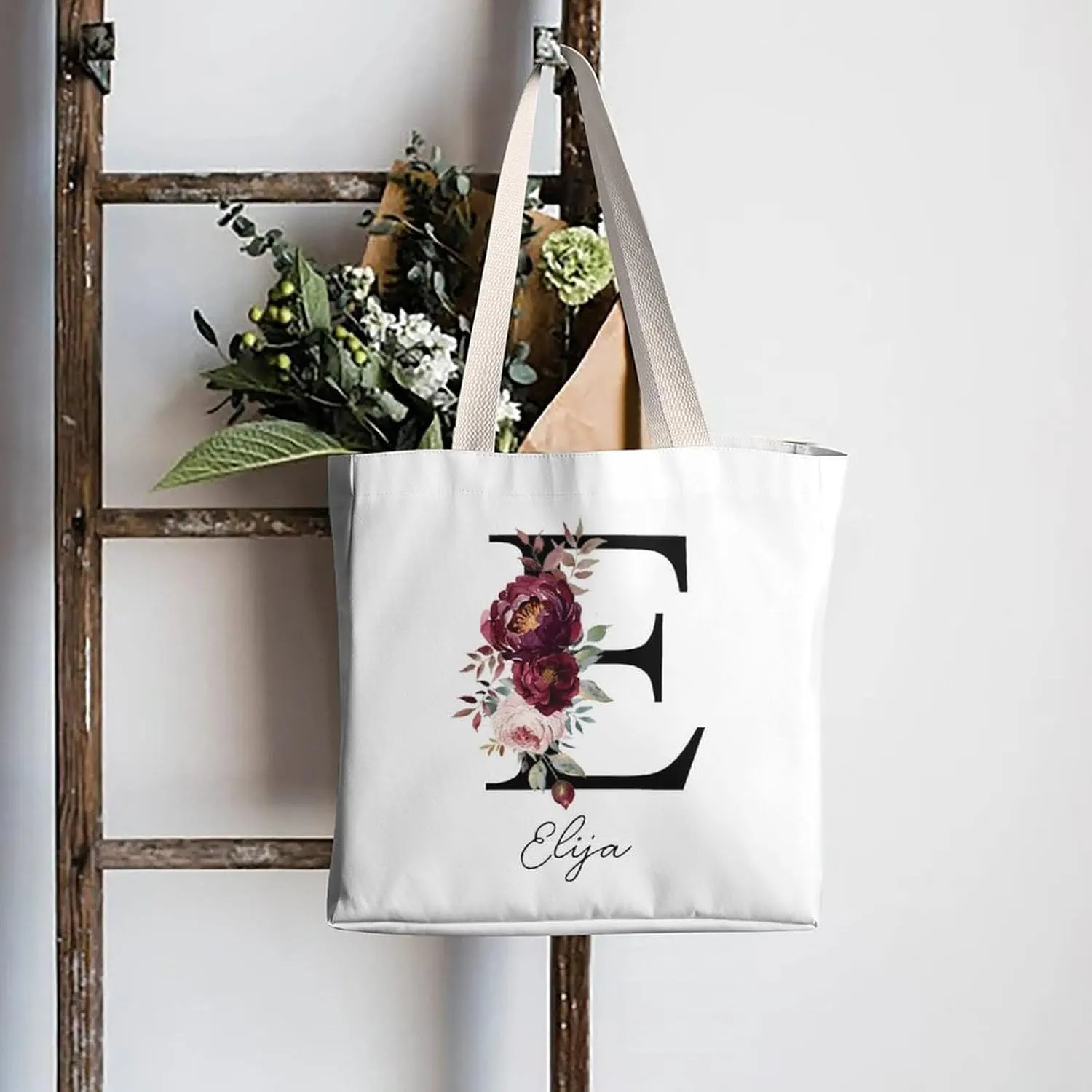 Personalized Canvas Tote Bag with Capital Initial Vintage Flowers, Custom Name Gifts for Women Birthday Mother's Day