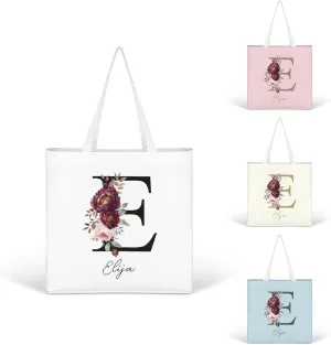 Personalized Canvas Tote Bag with Capital Initial Vintage Flowers, Custom Name Gifts for Women Birthday Mother's Day