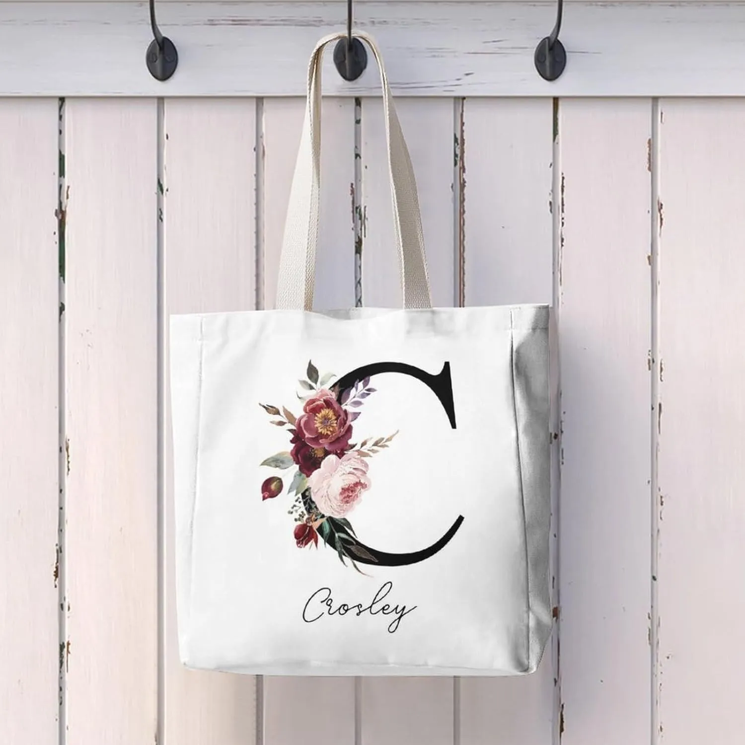Personalized Canvas Tote Bag with Capital Initial Vintage Flowers, Custom Name Gifts for Women Birthday Mother's Day