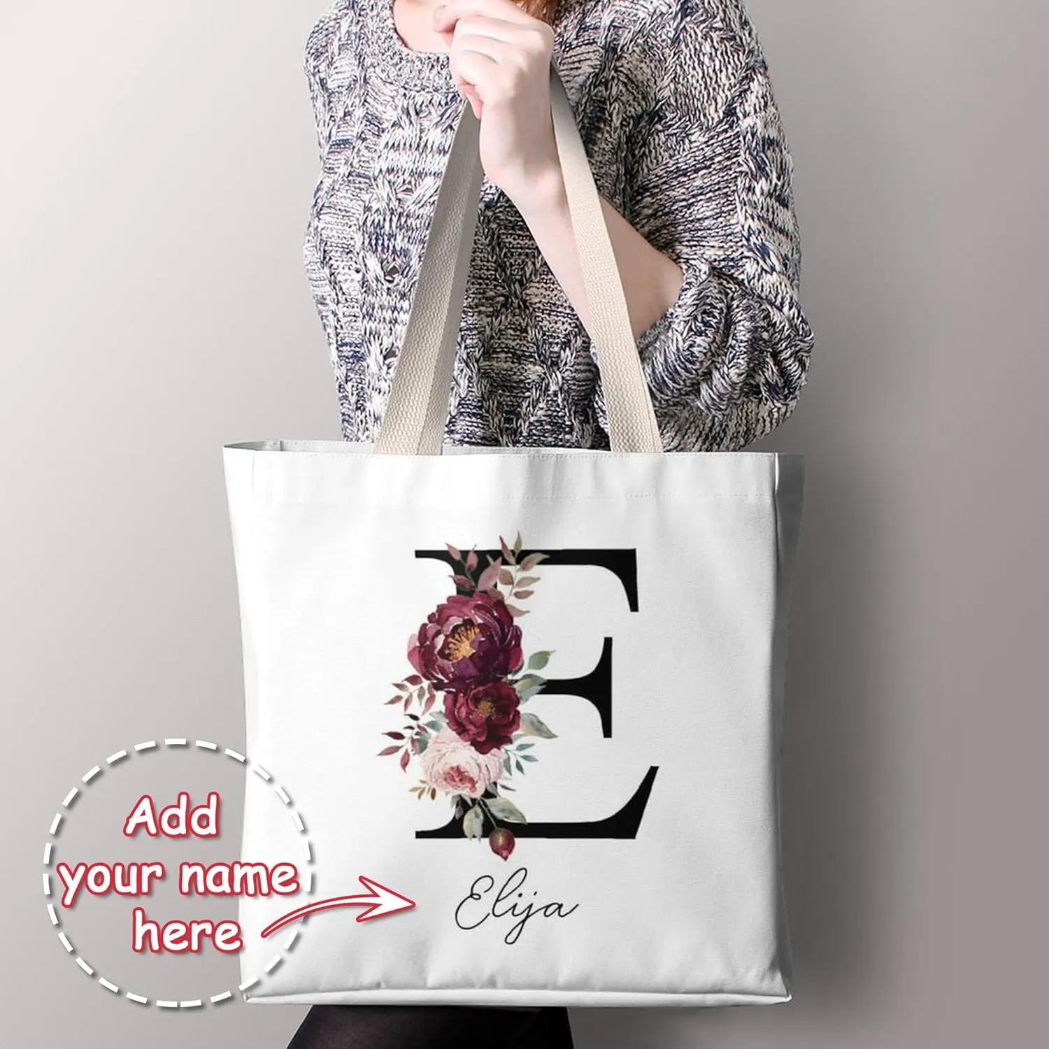 Personalized Canvas Tote Bag with Capital Initial Vintage Flowers, Custom Name Gifts for Women Birthday Mother's Day