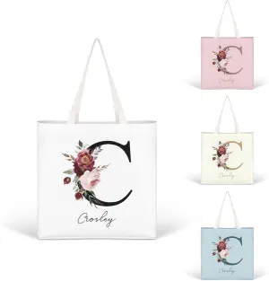 Personalized Canvas Tote Bag with Capital Initial Vintage Flowers, Custom Name Gifts for Women Birthday Mother's Day