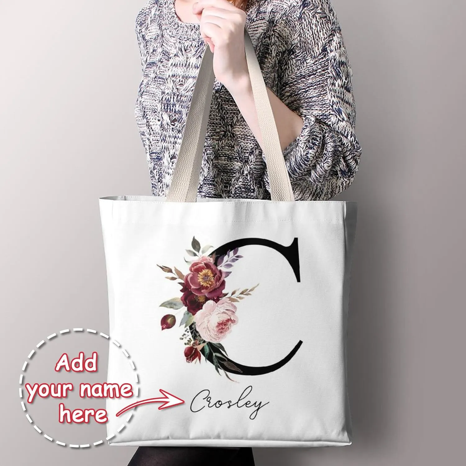 Personalized Canvas Tote Bag with Capital Initial Vintage Flowers, Custom Name Gifts for Women Birthday Mother's Day