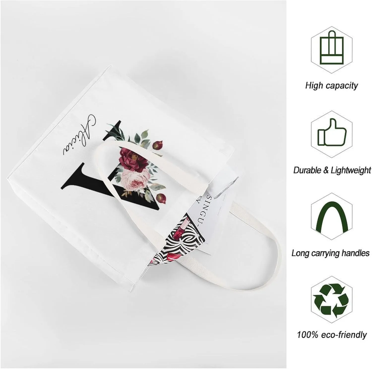 Personalized Canvas Tote Bag with Capital Initial Vintage Flowers, Custom Name Gifts for Women Birthday Mother's Day