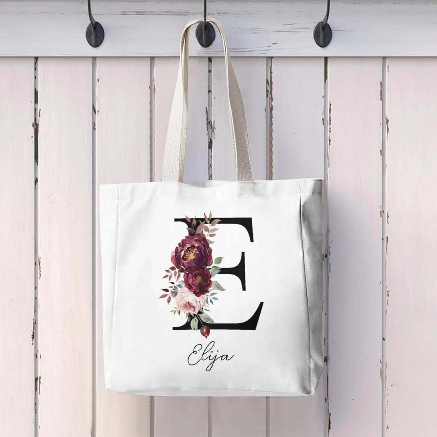 Personalized Canvas Tote Bag with Capital Initial Vintage Flowers, Custom Name Gifts for Women Birthday Mother's Day