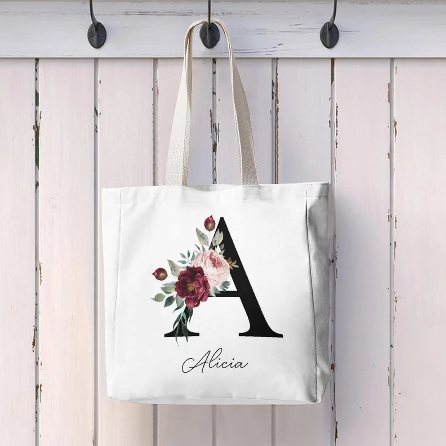Personalized Canvas Tote Bag with Capital Initial Vintage Flowers, Custom Name Gifts for Women Birthday Mother's Day
