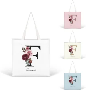 Personalized Canvas Tote Bag with Capital Initial Vintage Flowers, Custom Name Gifts for Women Birthday Mother's Day