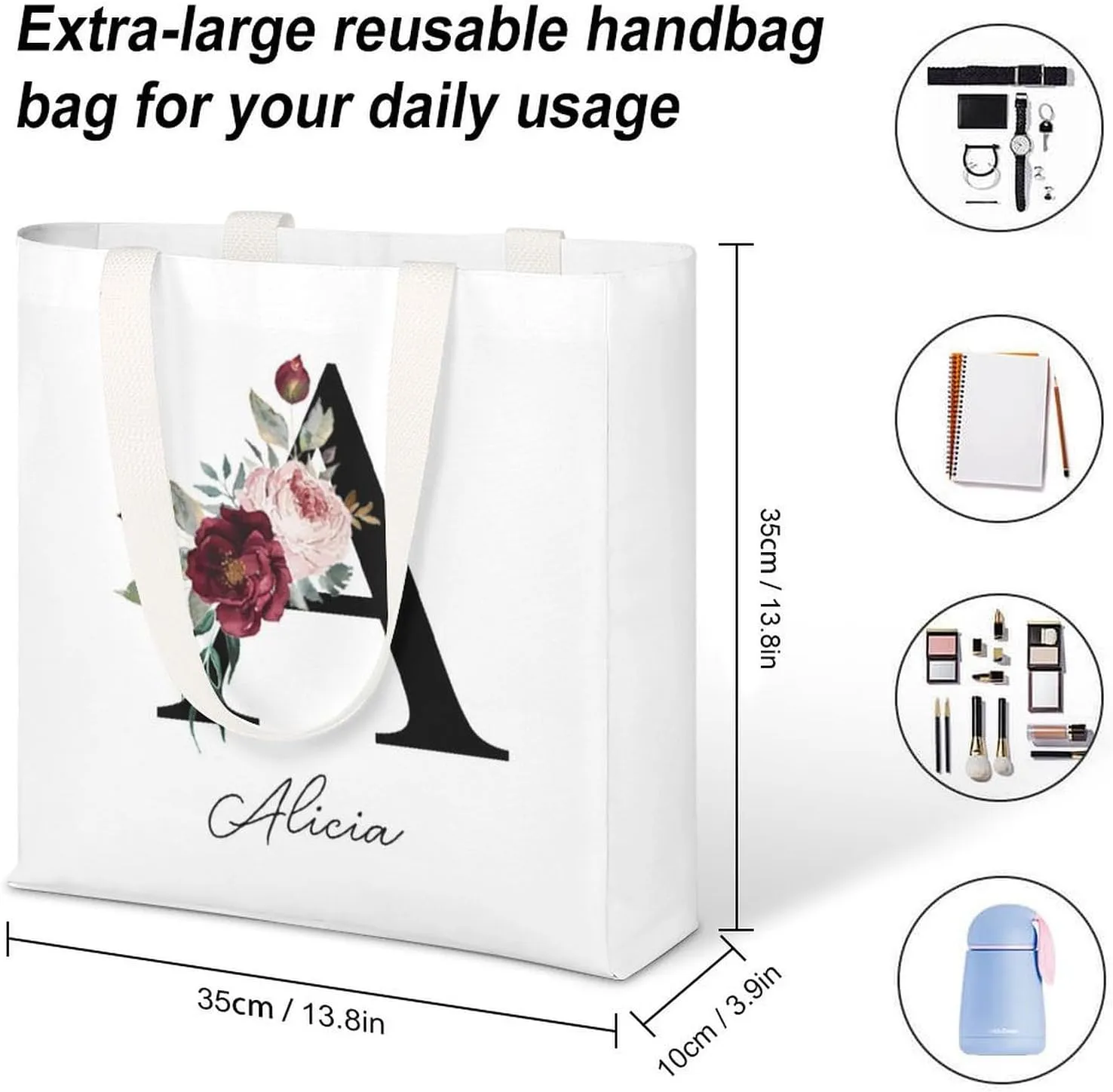 Personalized Canvas Tote Bag with Capital Initial Vintage Flowers, Custom Name Gifts for Women Birthday Mother's Day