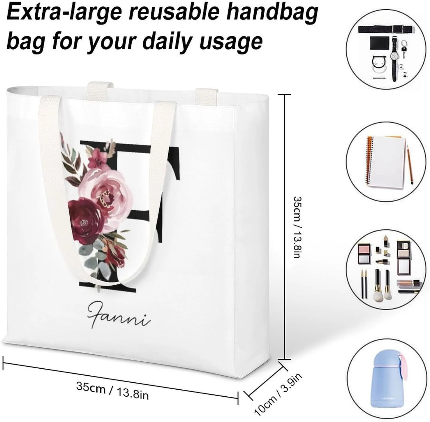 Personalized Canvas Tote Bag with Capital Initial Vintage Flowers, Custom Name Gifts for Women Birthday Mother's Day