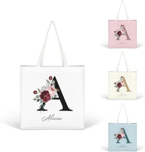 Personalized Canvas Tote Bag with Capital Initial Vintage Flowers, Custom Name Gifts for Women Birthday Mother's Day