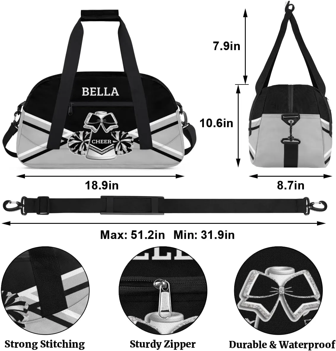 Personalized Cheer Bag Dance Bag for Girl, Custom Gym Bag Sport Duffel Bag, Weekender Bags Travel Duffel Bag Black Sliver Cheer