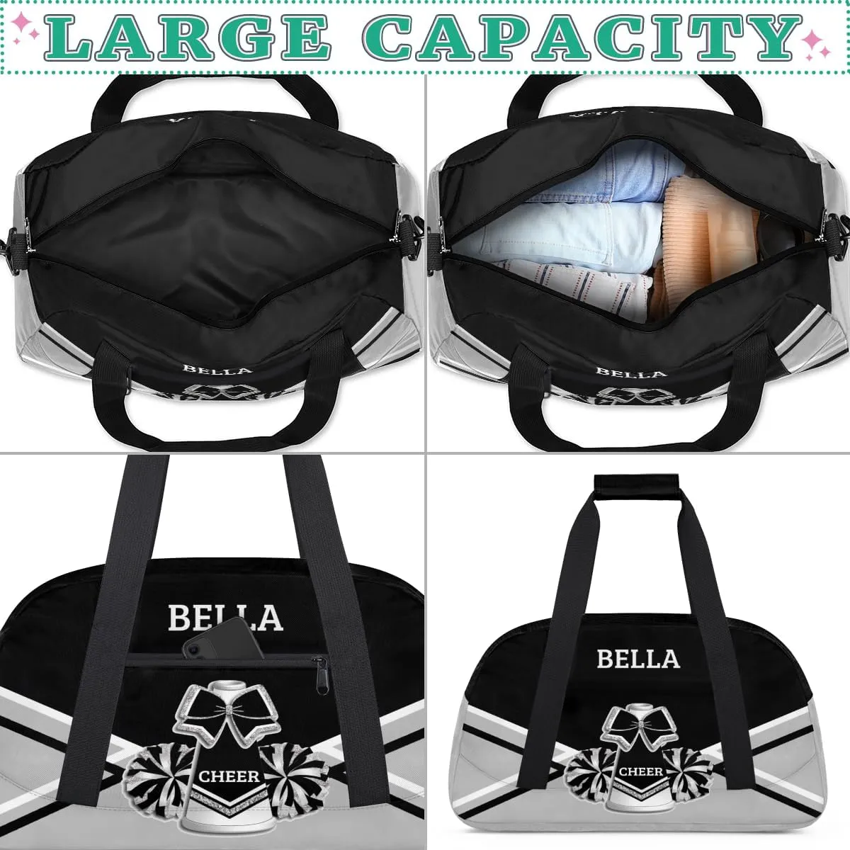 Personalized Cheer Bag Dance Bag for Girl, Custom Gym Bag Sport Duffel Bag, Weekender Bags Travel Duffel Bag Black Sliver Cheer