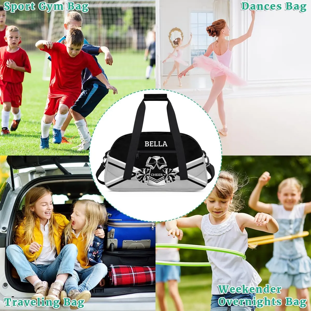 Personalized Cheer Bag Dance Bag for Girl, Custom Gym Bag Sport Duffel Bag, Weekender Bags Travel Duffel Bag Black Sliver Cheer