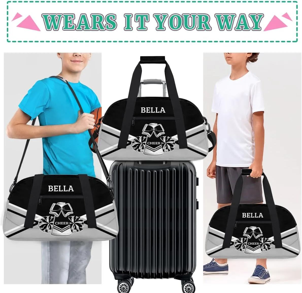 Personalized Cheer Bag Dance Bag for Girl, Custom Gym Bag Sport Duffel Bag, Weekender Bags Travel Duffel Bag Black Sliver Cheer