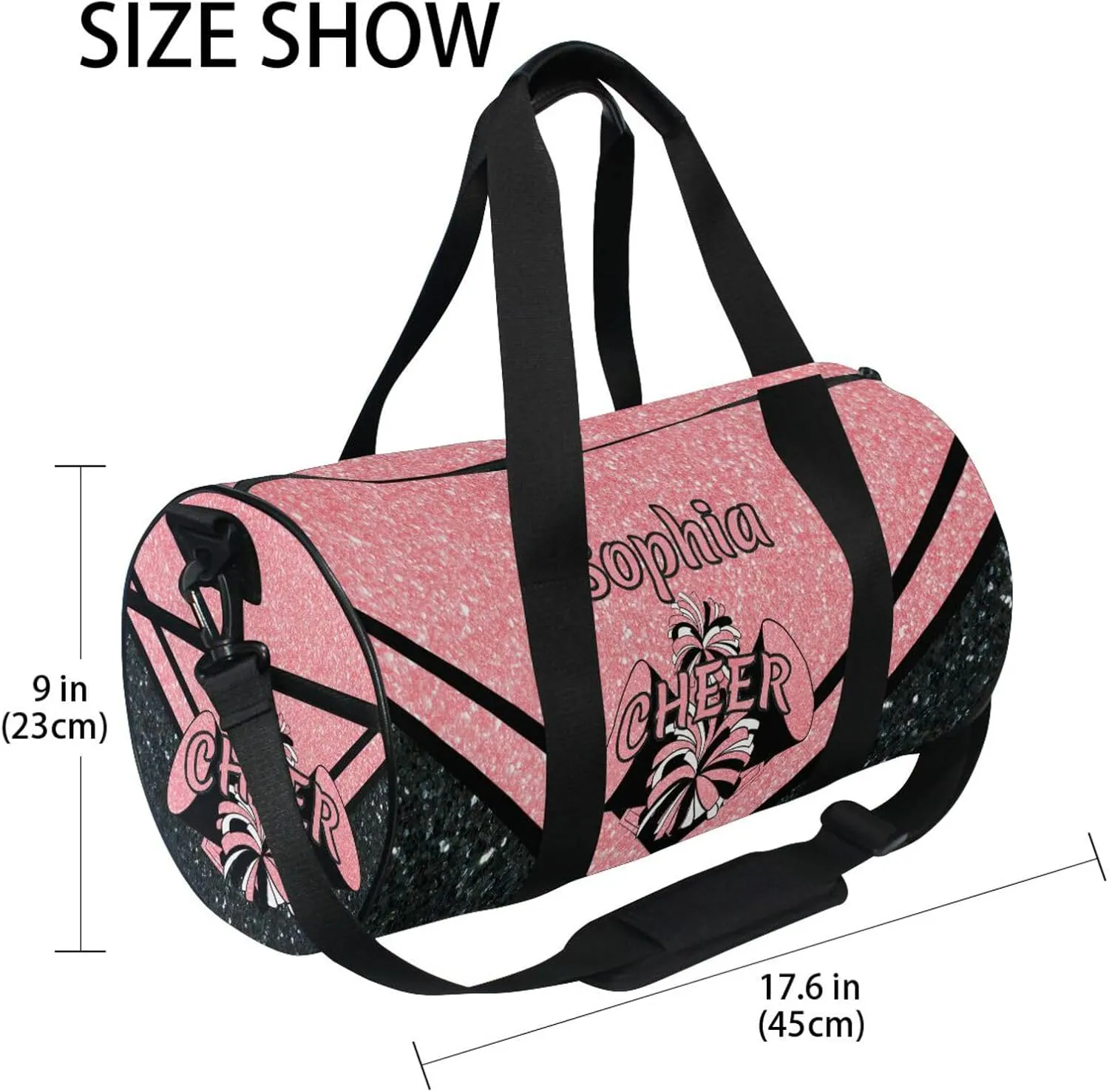 Personalized Cheer Bag Girl Sport Cheer Duffel Bag, Custom Kids Gym Bag, Overnight Weekender Travel Duffle Bags, Black Coral Glitter, Customize Cheer Bags for Cheerleaders Gifts