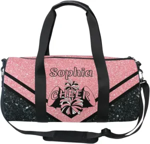 Personalized Cheer Bag Girl Sport Cheer Duffel Bag, Custom Kids Gym Bag, Overnight Weekender Travel Duffle Bags, Black Coral Glitter, Customize Cheer Bags for Cheerleaders Gifts