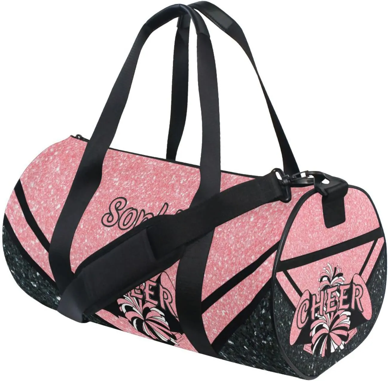 Personalized Cheer Bag Girl Sport Cheer Duffel Bag, Custom Kids Gym Bag, Overnight Weekender Travel Duffle Bags, Black Coral Glitter, Customize Cheer Bags for Cheerleaders Gifts