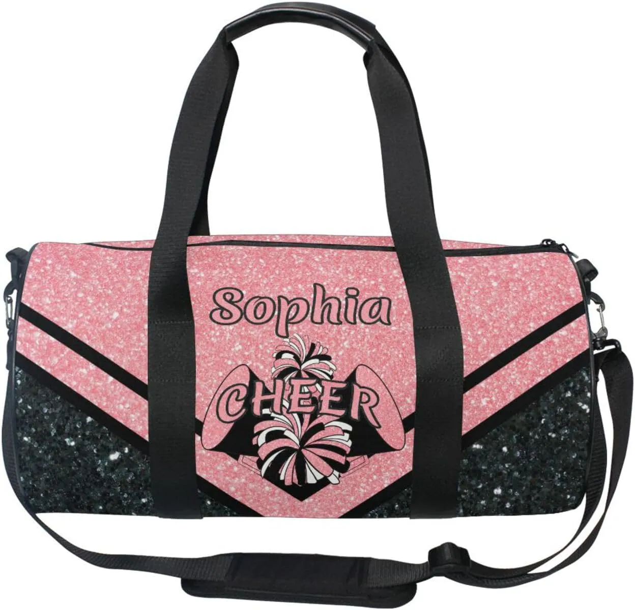Personalized Cheer Bag Girl Sport Cheer Duffel Bag, Custom Kids Gym Bag, Overnight Weekender Travel Duffle Bags, Black Coral Glitter, Customize Cheer Bags for Cheerleaders Gifts