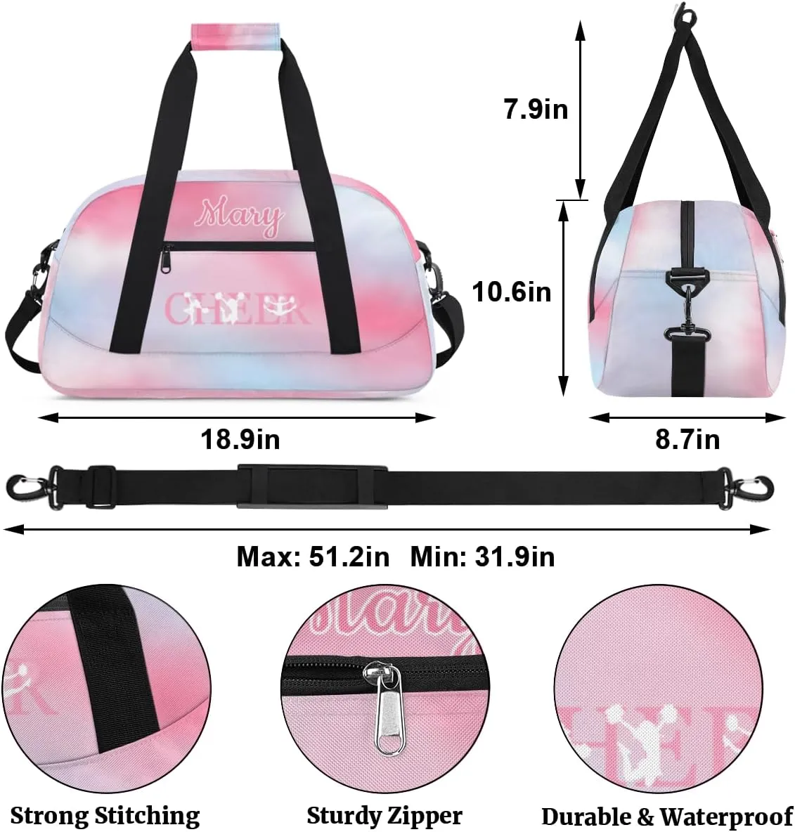 Personalized Cheer Bag Girl Sport Duffel Bag, Custom Kids Gym Bag, Customize Travel Duffle Bag with Name, Overnight Weekender Bags,Lightblue Pink Gradient, Cheerleading Gifts